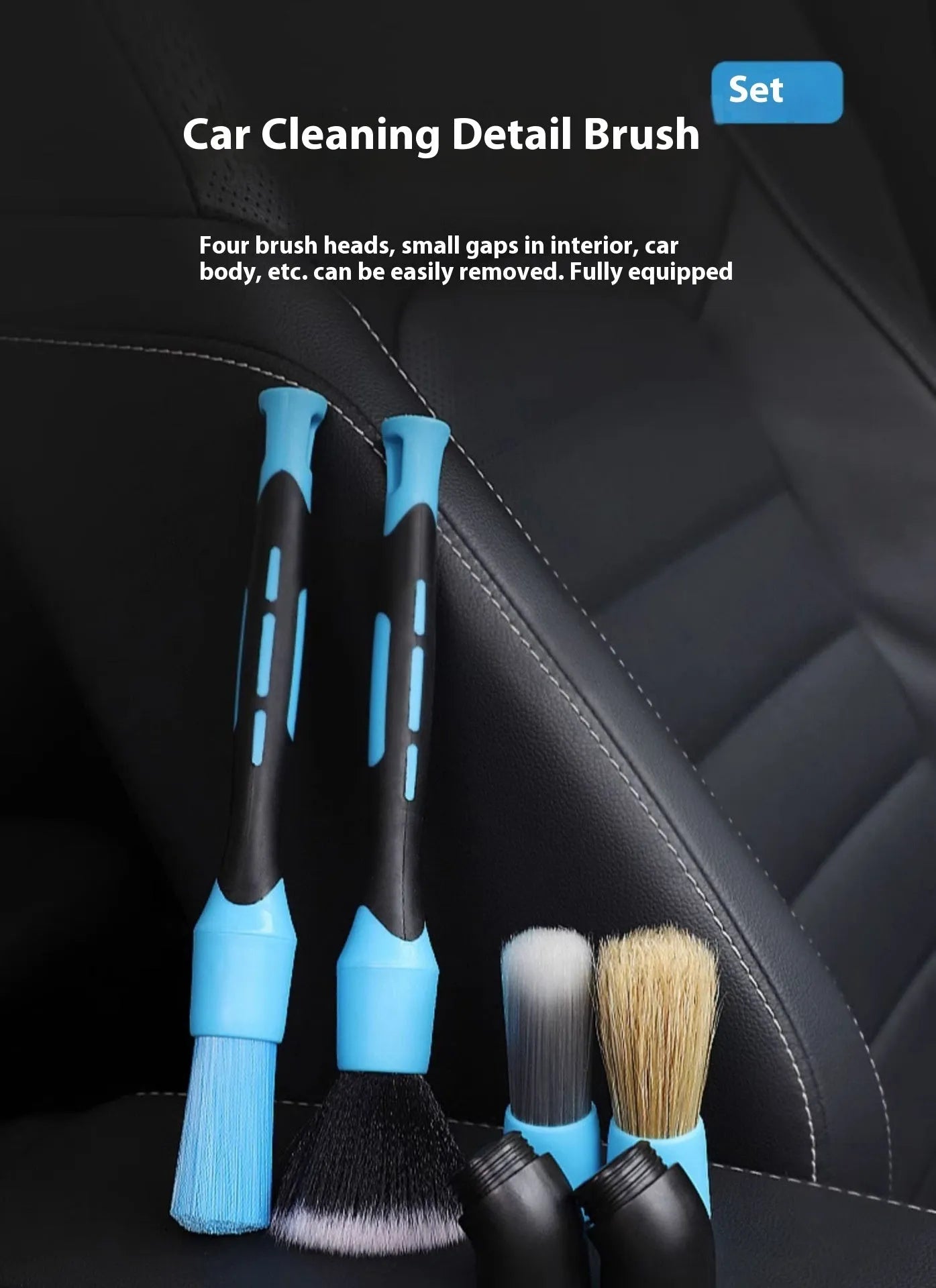 Blue detachable car wash brush set with 4 brush heads, 2 handles, and 2 elbow connectors on a workspace