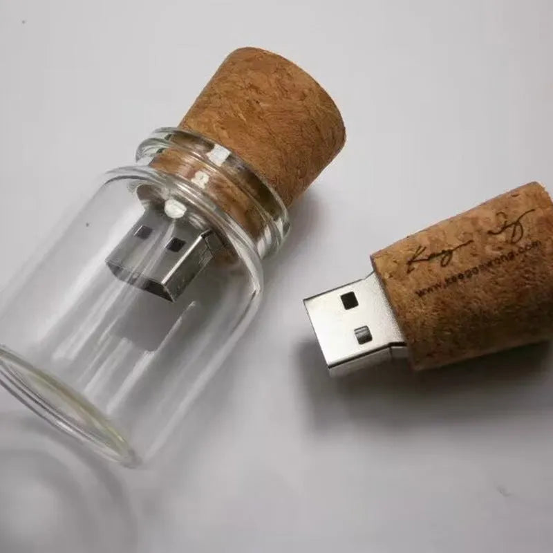 Wooden wish bottle USB flash drive with transparent design showing coloured beads inside