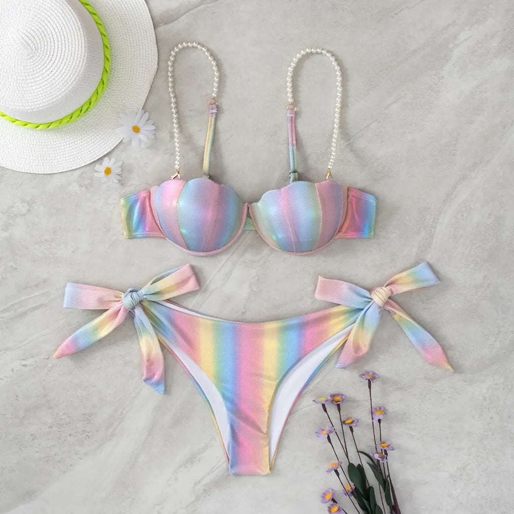 Women's shell rainbow pattern bikini with tied bandeau top and split briefs