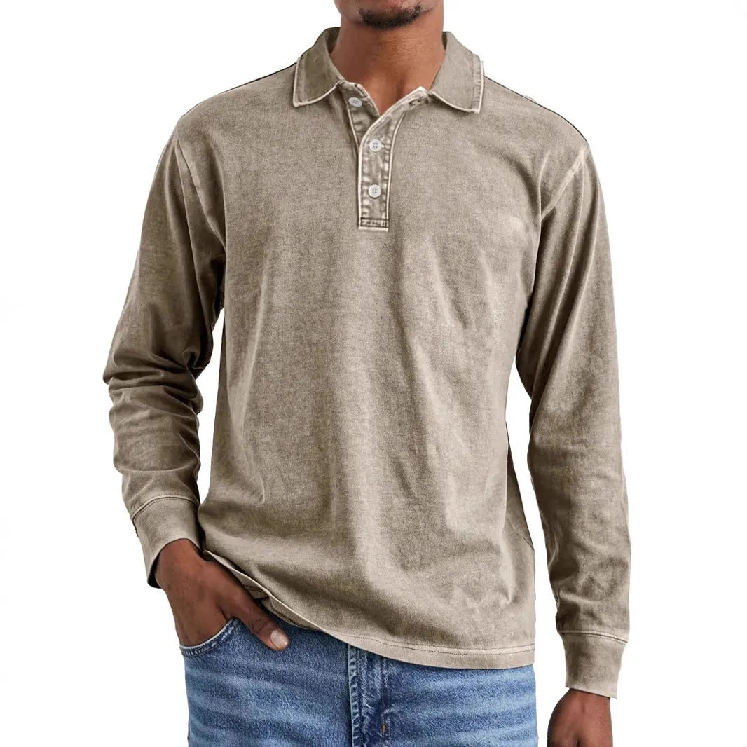 Men's retro washed distressed pure cotton lapel long sleeve polo shirt on a hanger.
