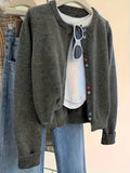 Dark grey women's polyester cardigan sweater with button front and regular fit