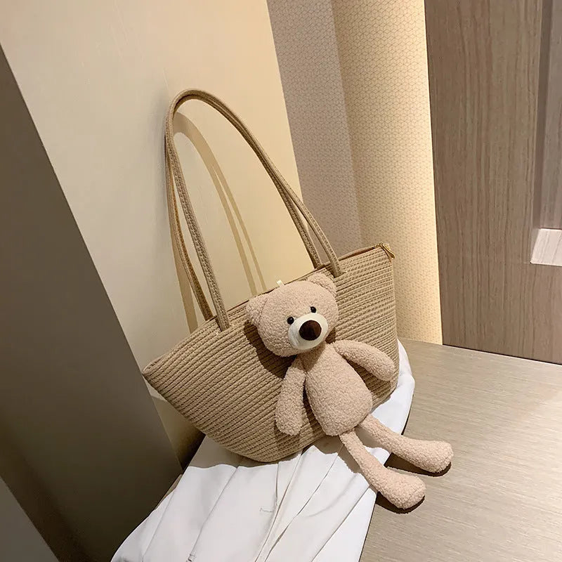 Cotton linen woven dumpling-shaped tote bag with double straps and three-dimensional pockets