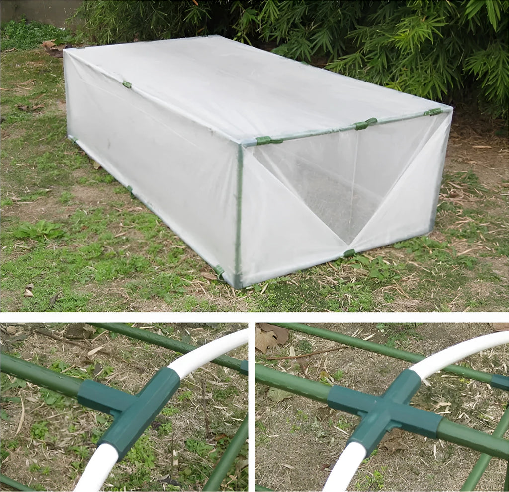 Two white plastic plant stake connectors, one three-way and one four-way, for 11mm garden stakes.