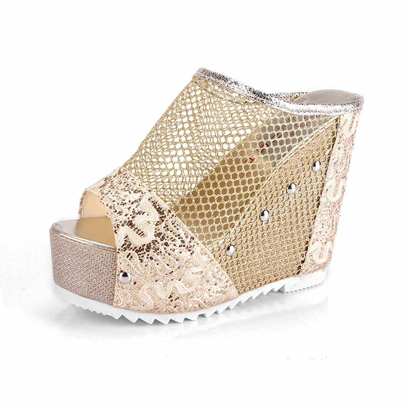 Korean platform flip-flops with a hollowed-out heel, chunky sole, and mesh lace-up upper in black colour.