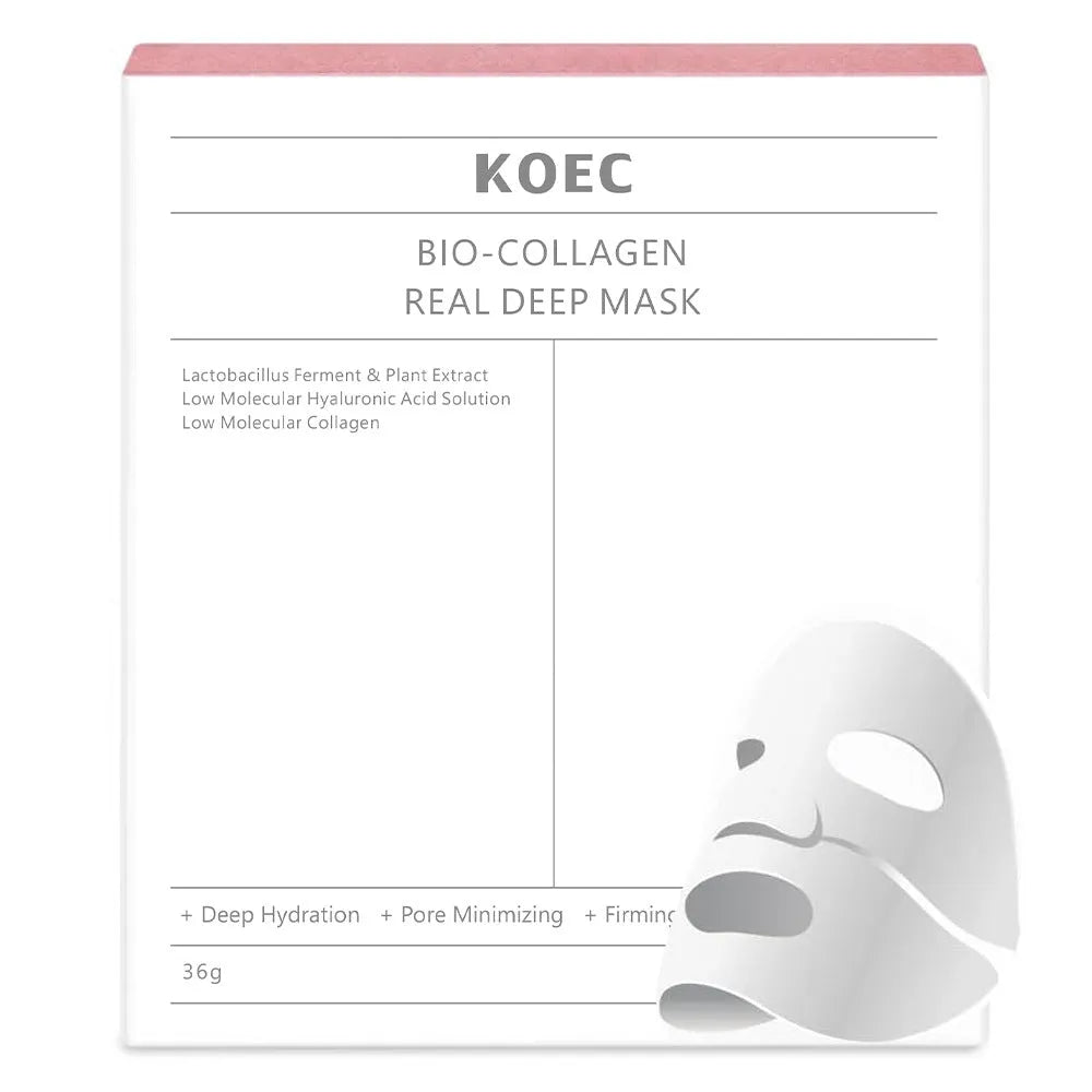 KOEC Collagen Mask set with transparent BIO-COLLAGEN gel masks and peptide essence in 30ml bottle