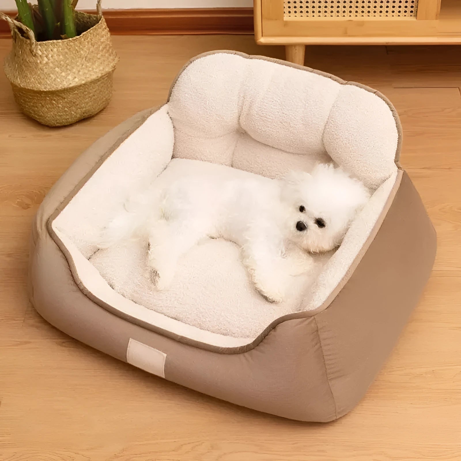 Plush pet bed in three sizes with washable fabric for indoor dog use