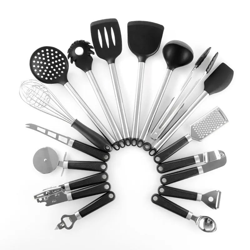 Black silicone and stainless steel kitchen utensil set with 16 pieces for cooking and baking
