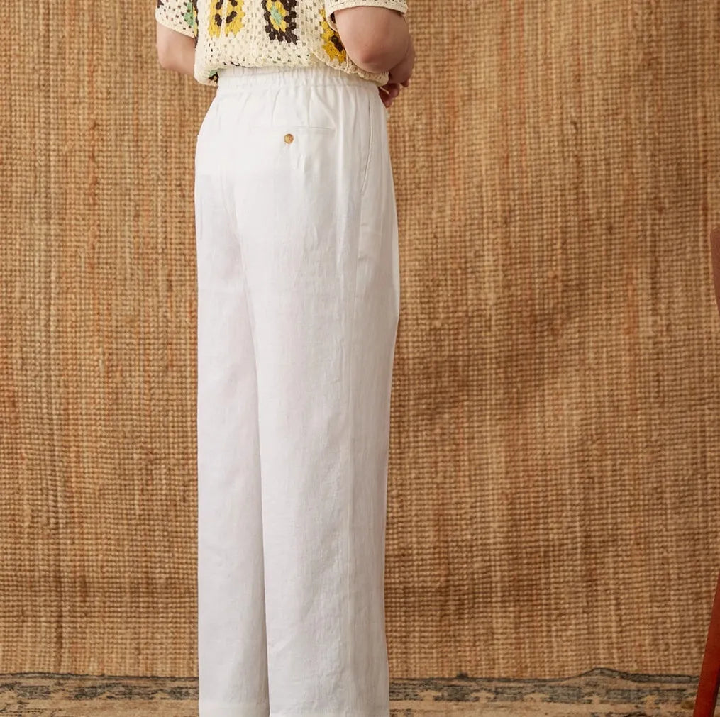 Linen straight-leg casual trousers with an elasticated high waistband in greige colour.
