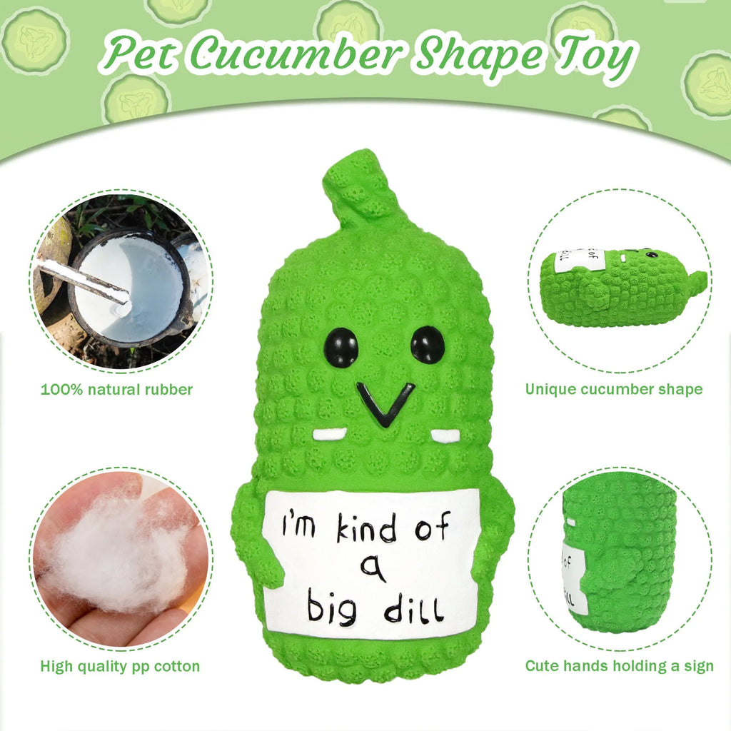 Green pickle-shaped squeaky dog toy with textured surface for dental cleaning during chewing
