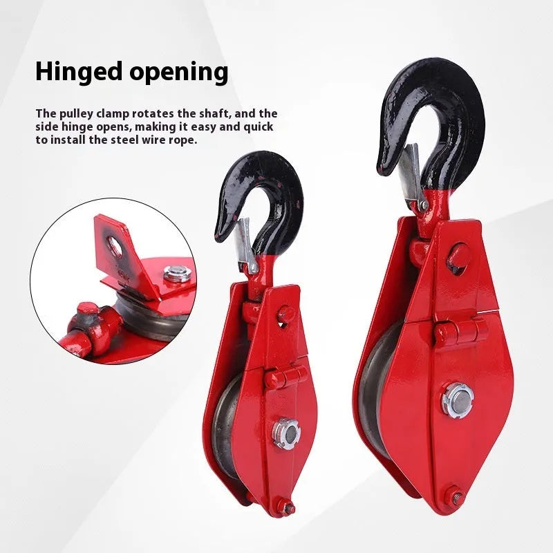 Red industrial lifting pulley with forged steel hook and safety latch for general material handling