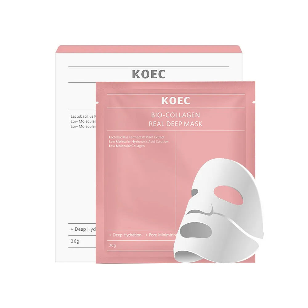 KOEC Collagen Mask set with transparent BIO-COLLAGEN gel masks and peptide essence in 30ml bottle