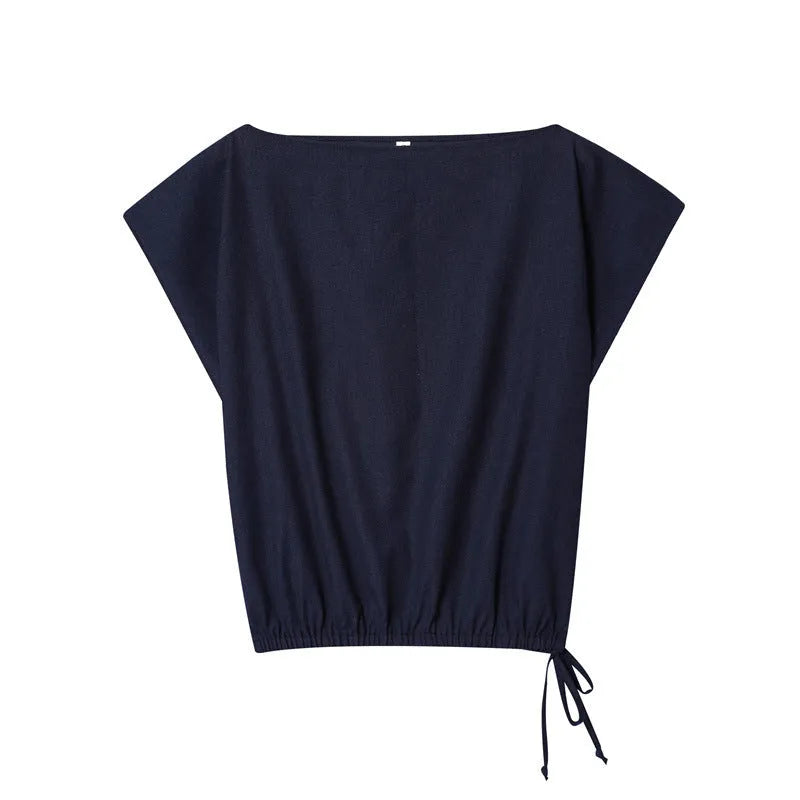 Women's linen blend off-neck shirt with flounced sleeves and wide leg trousers set for office wear