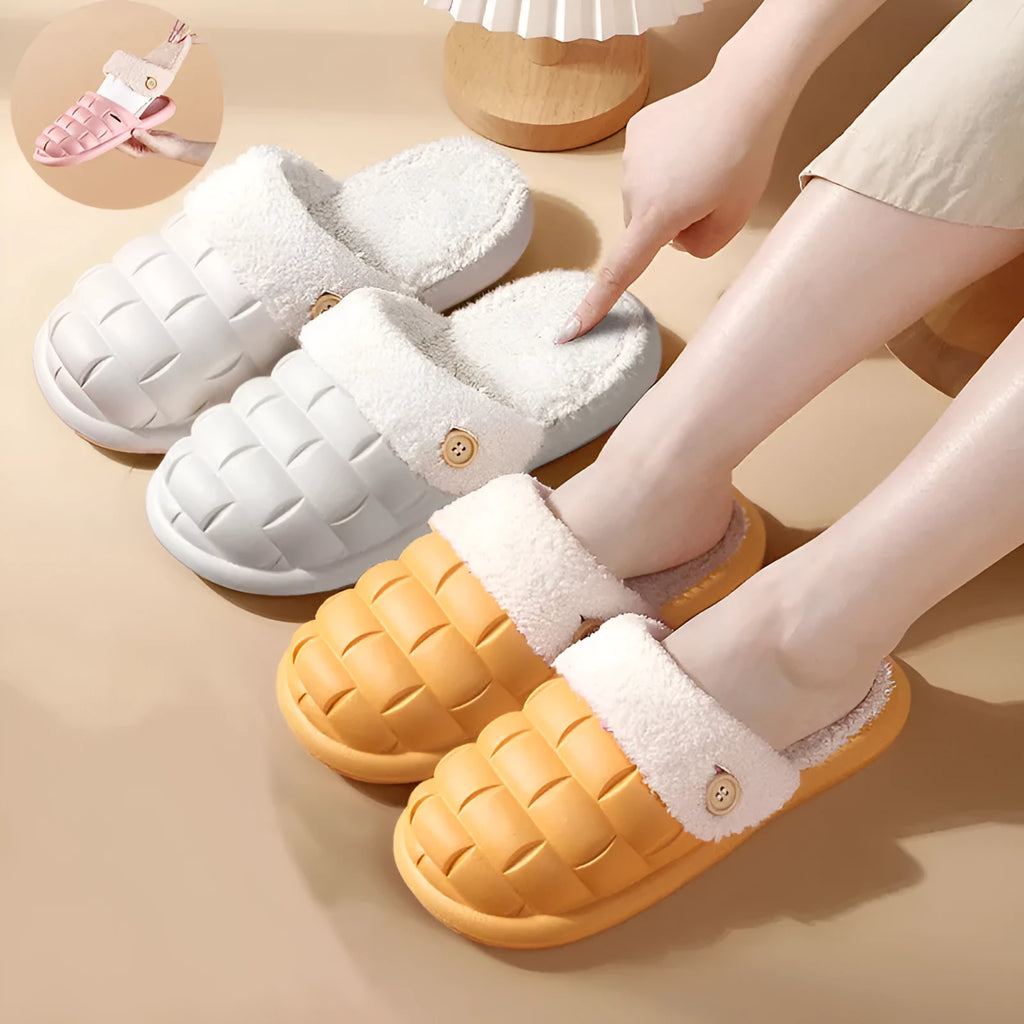 Detachable EVA slippers with plush lining in multiple colours showing round toe and flat heel design