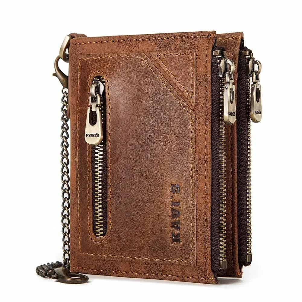Dark brown genuine leather men's wallet with RFID anti-theft protection and chain detail