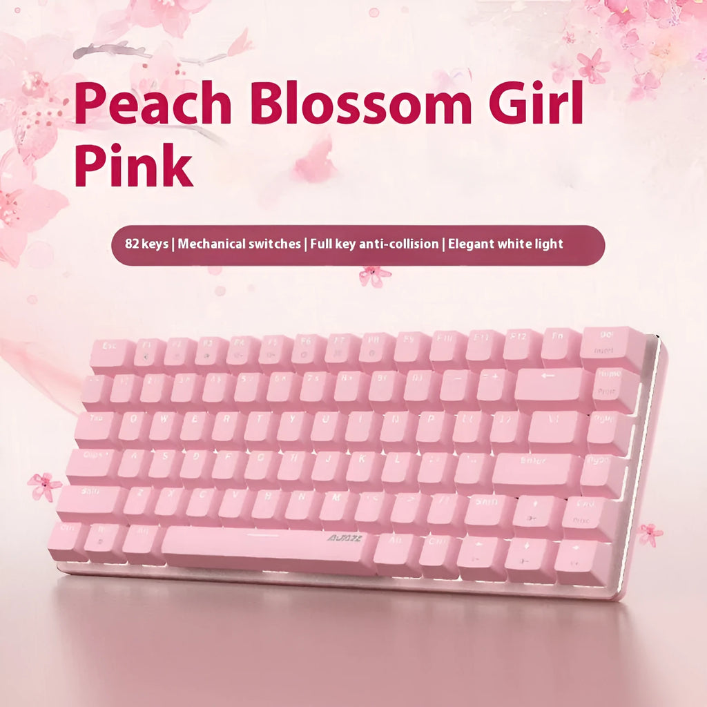 Compact white-backlit mechanical keyboard with 82 keys and metal case on a desk.
