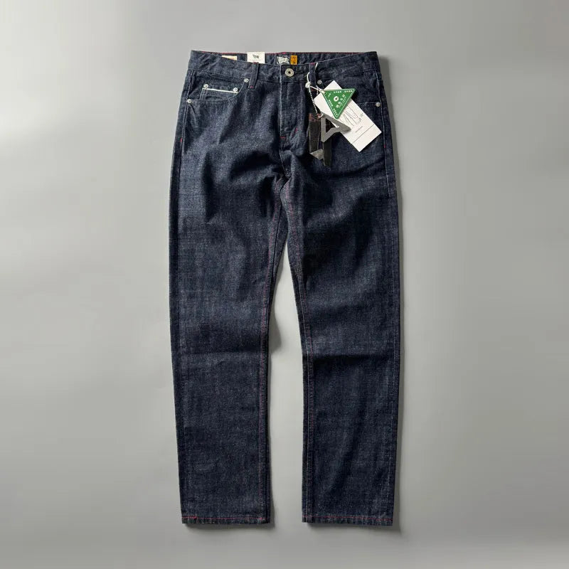 Men's straight leg jeans in primary colour denim with medium waist and regular length