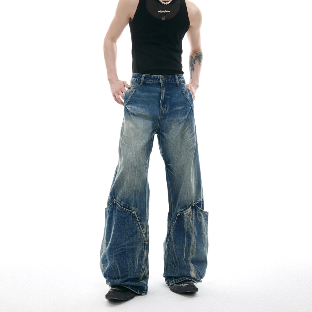 Men's Verdant Blue jeans with a retro washed burst pattern and loose curved knife fit