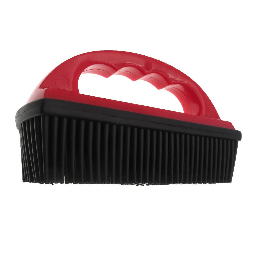 Red pet hair removal brush for bath grooming and carpet cleaning measuring 160mm by 85mm