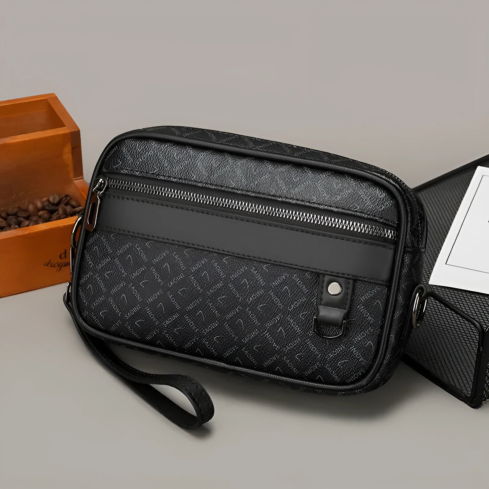 Men's geometric pattern shoulder messenger bag in black PU leather with large capacity design