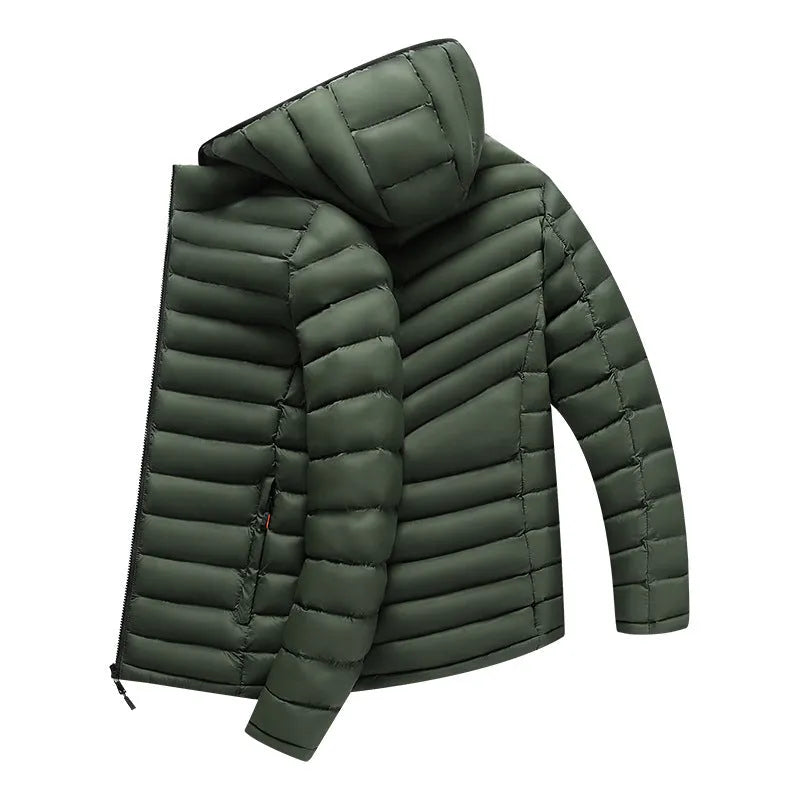 Men's lightweight down padded jacket in army green with a detachable hood and zipper pockets.