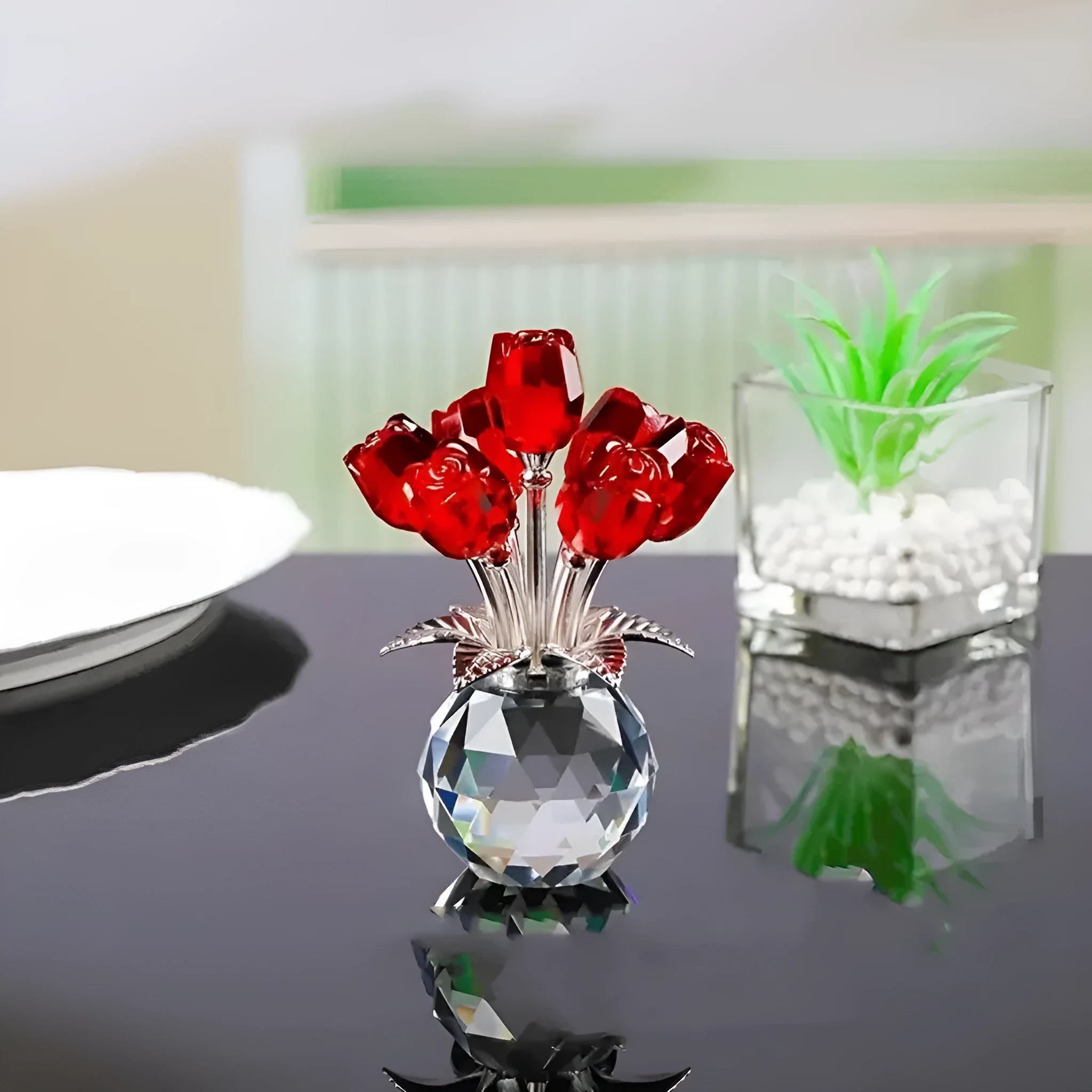 Handcrafted K9 crystal geometric rose glass ornament in seven colour options on display