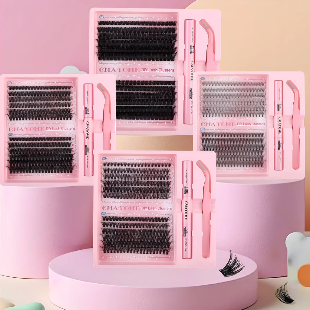 DIY single cluster false eyelashes, artificial fibre, individual lashes on a clear tray.