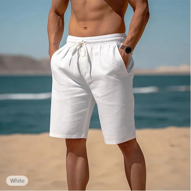 Men's cotton linen drawstring shorts in solid colour with elastic waist for summer beach wear