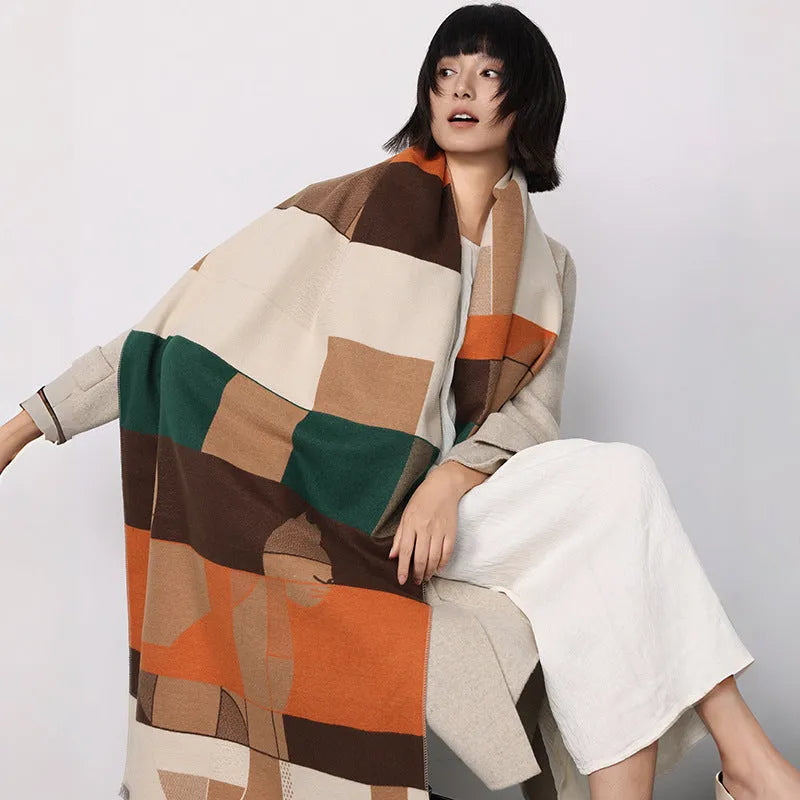 Long beige imitation cashmere scarf draped to show 185cm length and texture