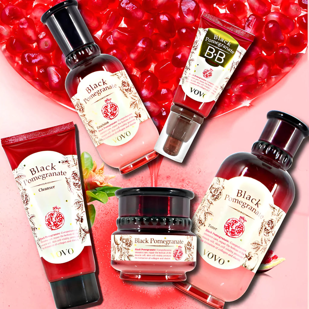 Pomegranate skincare set containing six products: cleanser, toner, essence, emulsion, cream, and eye cream