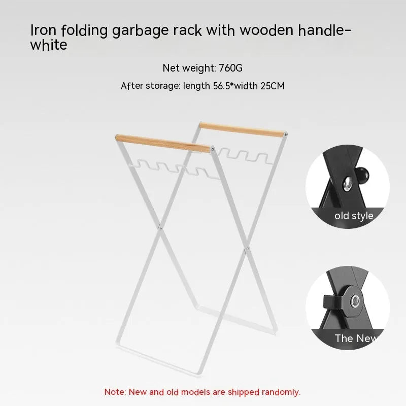 Black folding iron trash storage rack with wooden handle holding rubbish bag
