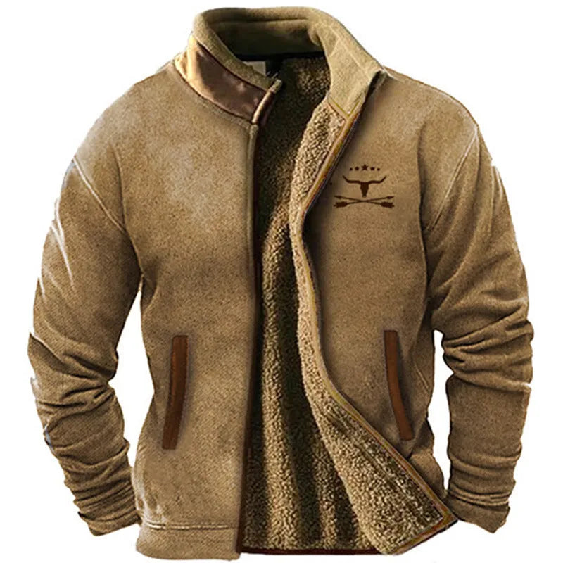 Men's padded fleece coat in polyester fibre available in sizes S to 5XL including blue, green and light brown colour options.