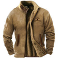Men's padded fleece coat in polyester fibre available in sizes S to 5XL including blue, green and light brown colour options.