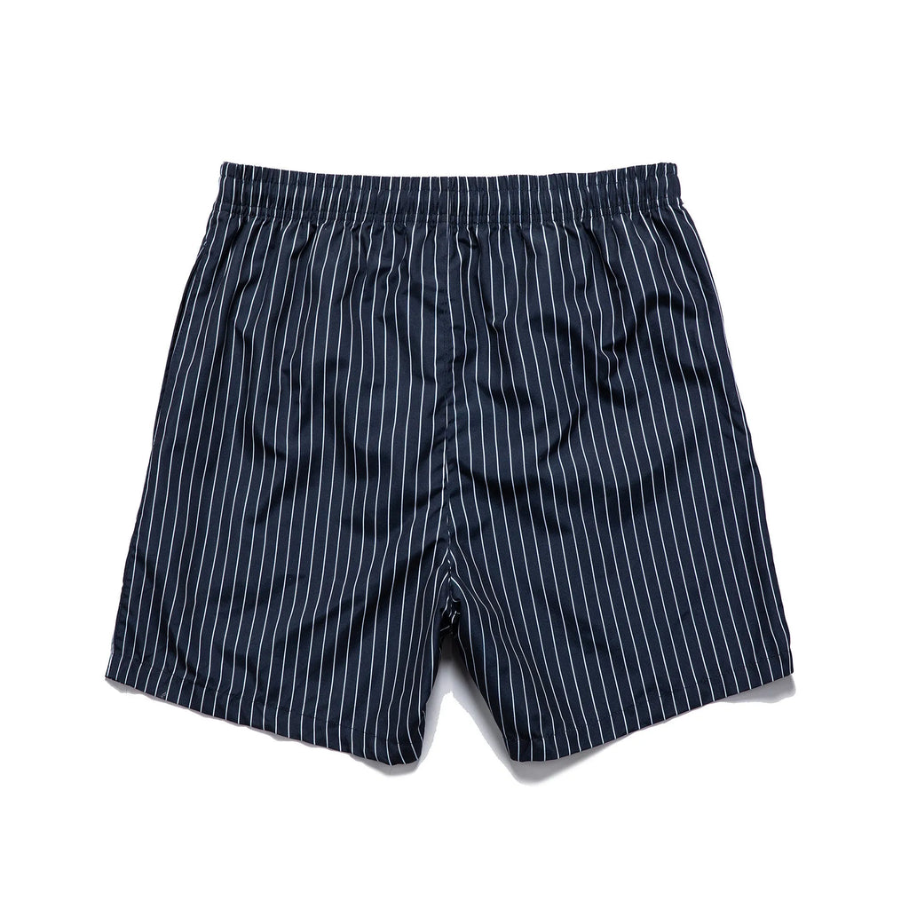 Polyester fibre striped swim shorts in navy blue, grey, khaki, or light blue with straight leg cut