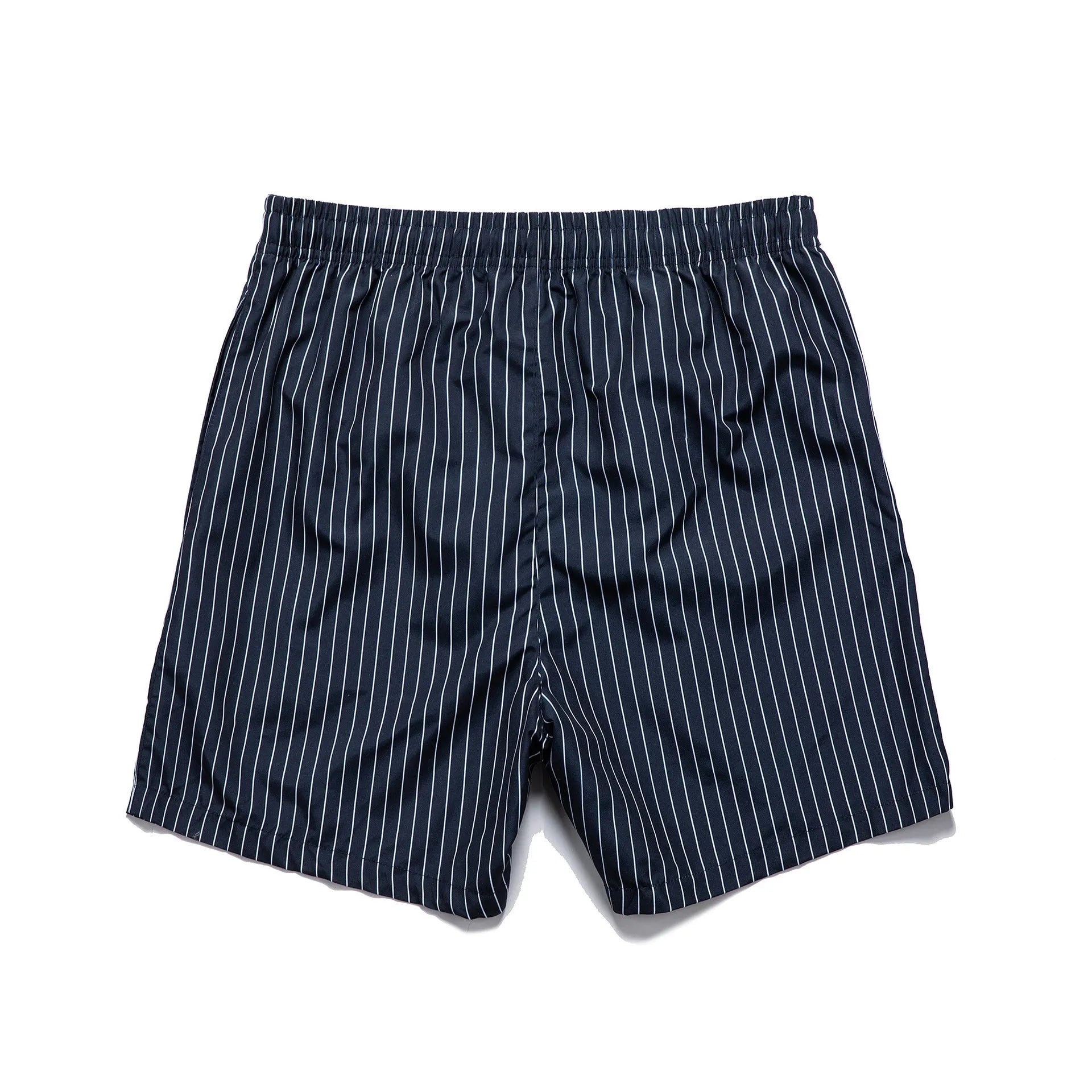 Polyester fibre striped swim shorts in navy blue, grey, khaki, or light blue with straight leg cut
