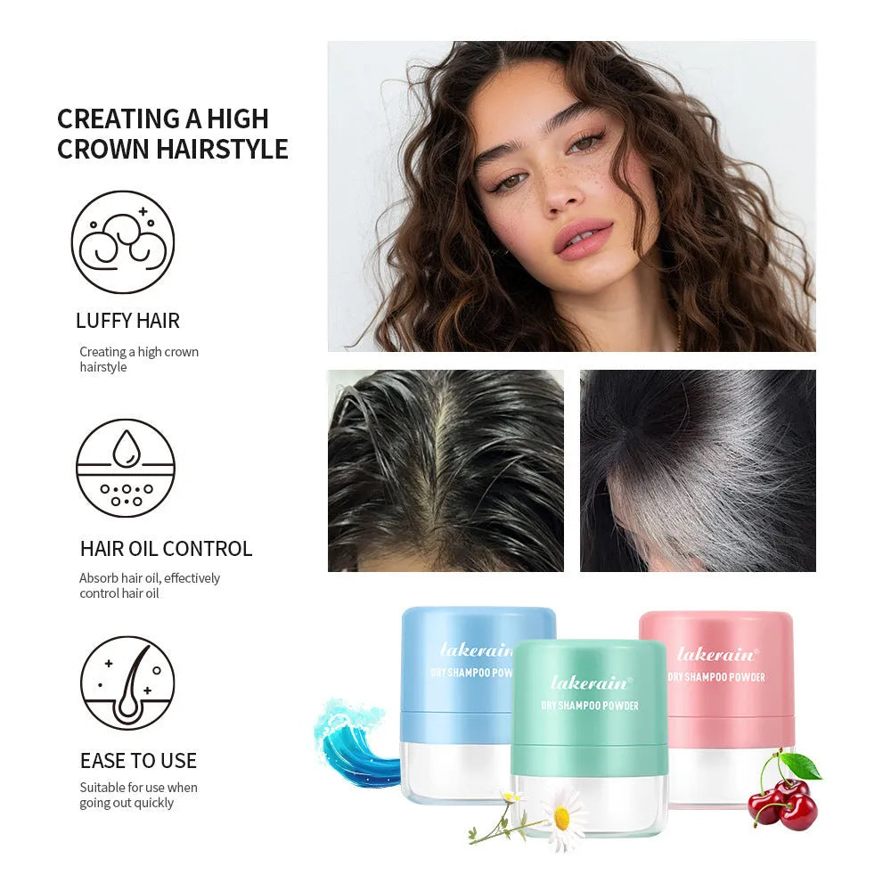 Hair dry cleaning powder kit with 5g content, applicator sponge, and headband mirror in blue packaging