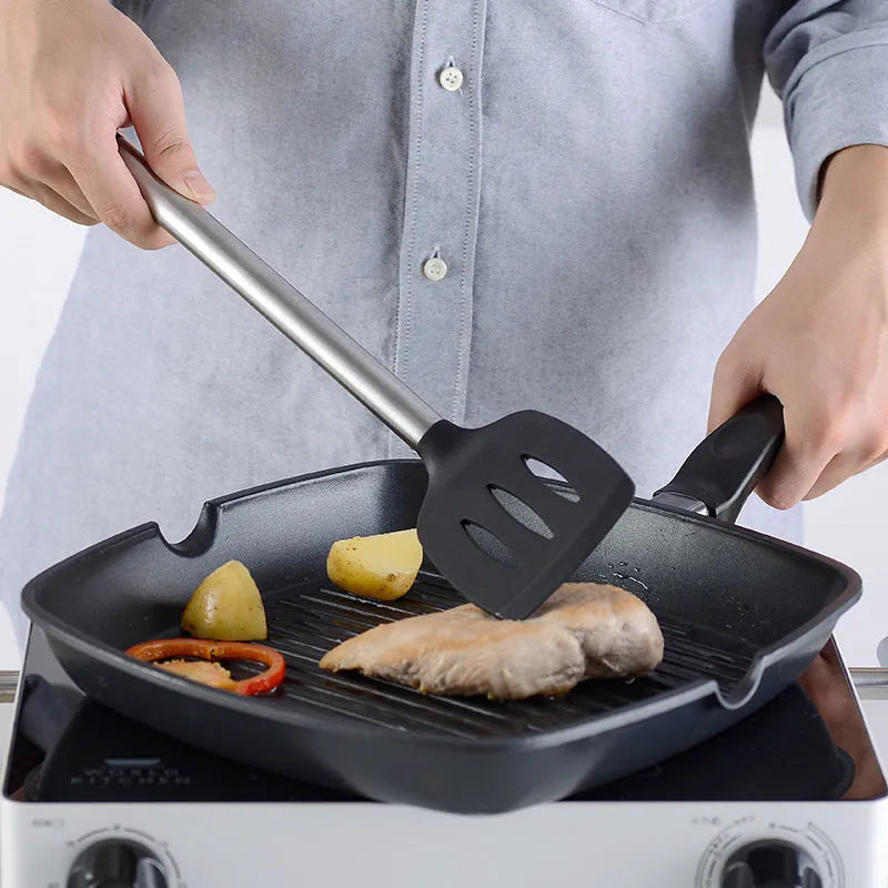 Black silicone and stainless steel kitchen utensil set with 16 pieces for cooking and baking