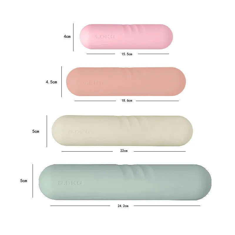Silicone-edged hand-drawn dumbbell stick in a selected colour, shown with weight options for fitness training.