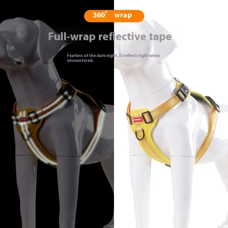 Adjustable polyester dog chest harness and traction rope in six colour options for secure walking
