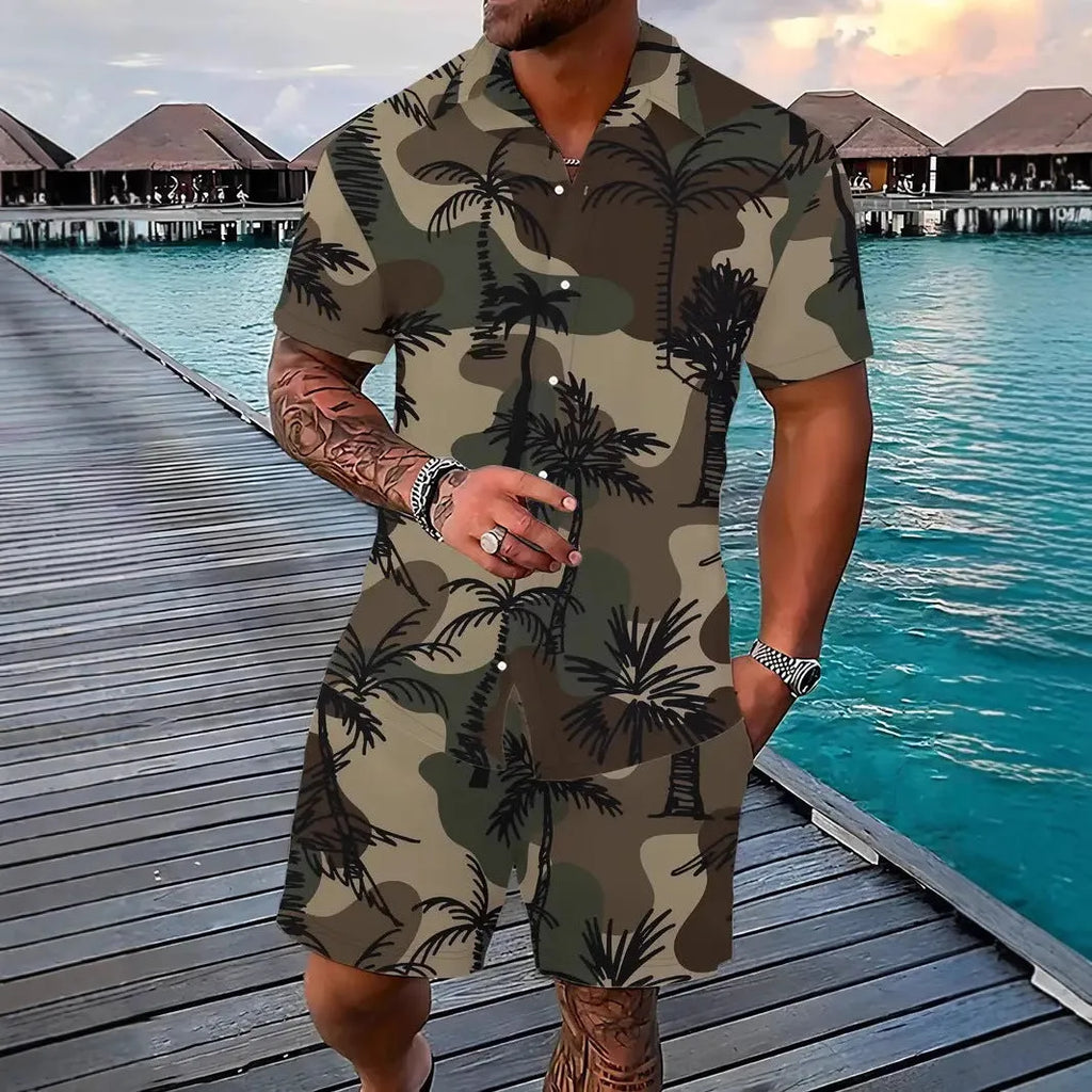 Men's casual Hawaii 3D printed short sleeve top and matching shorts set.