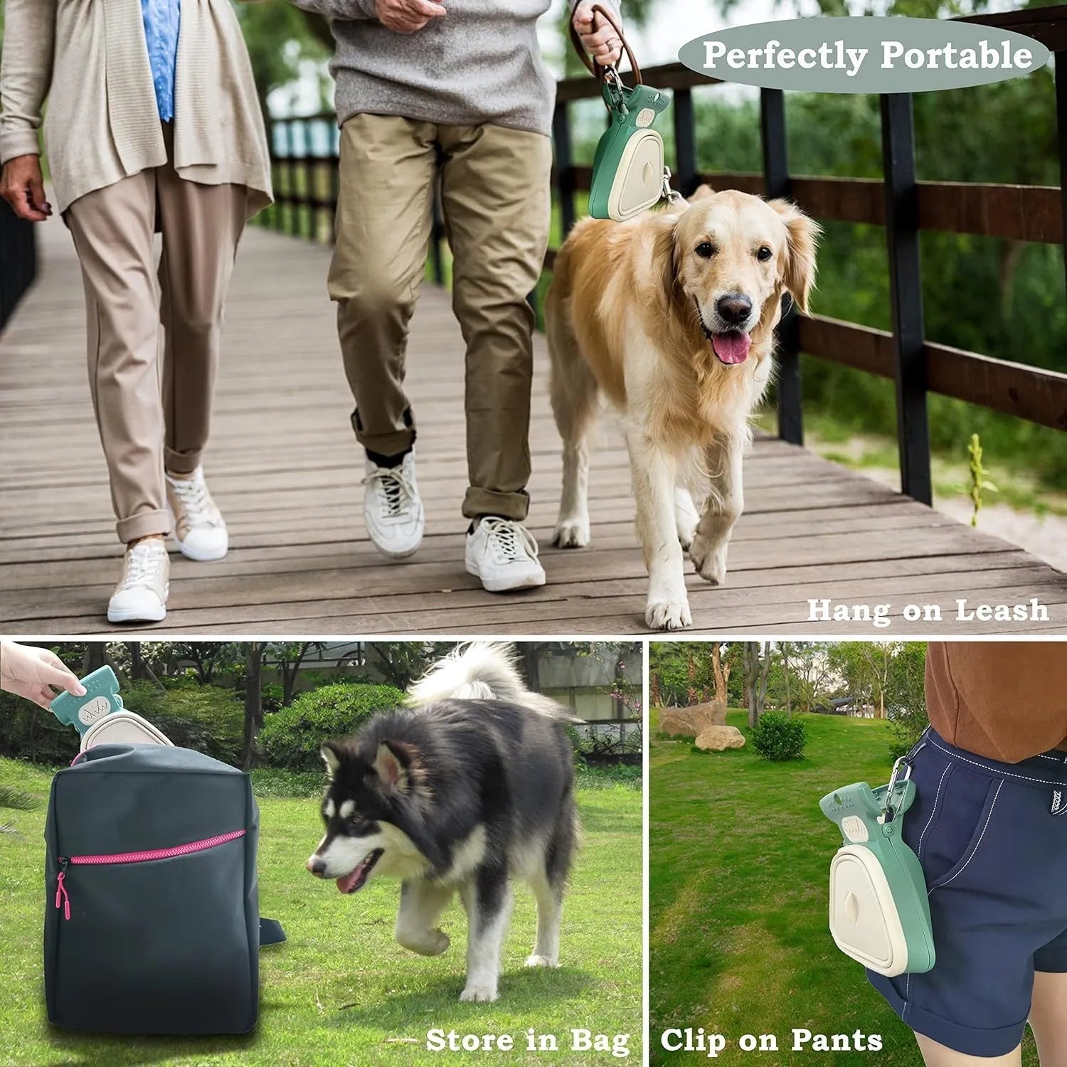 Portable blue pooper scooper with expandable waste container and integrated bag dispenser for dog walks