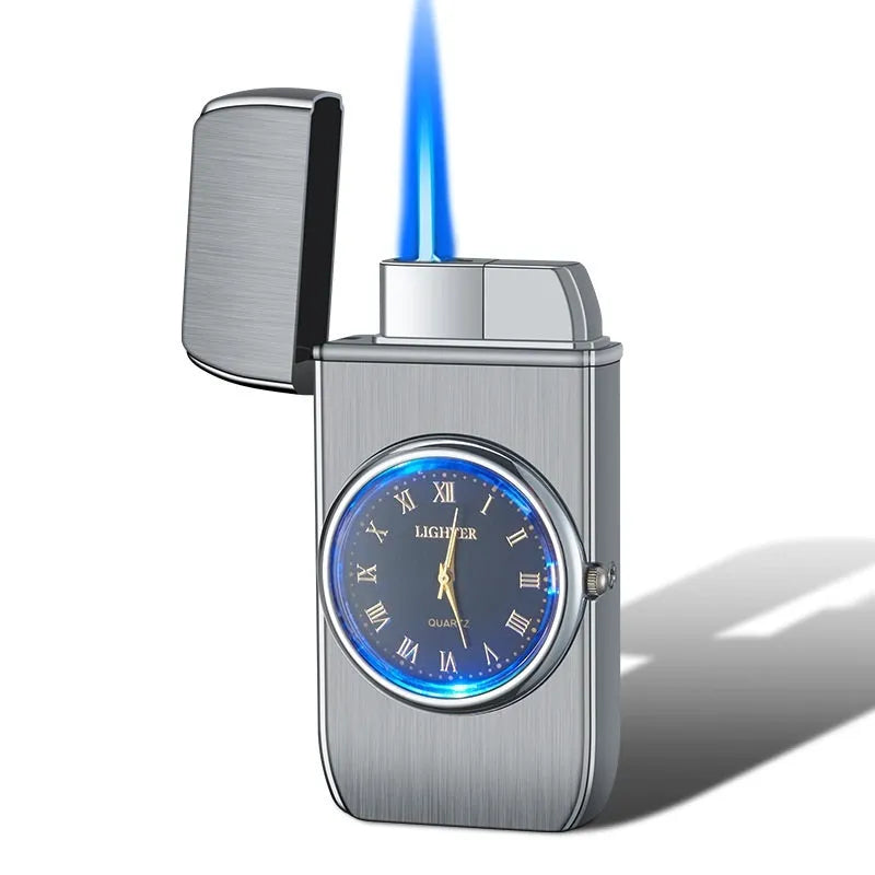 Multifunctional electronic watch and cigarette lighter with LED light in metal body.