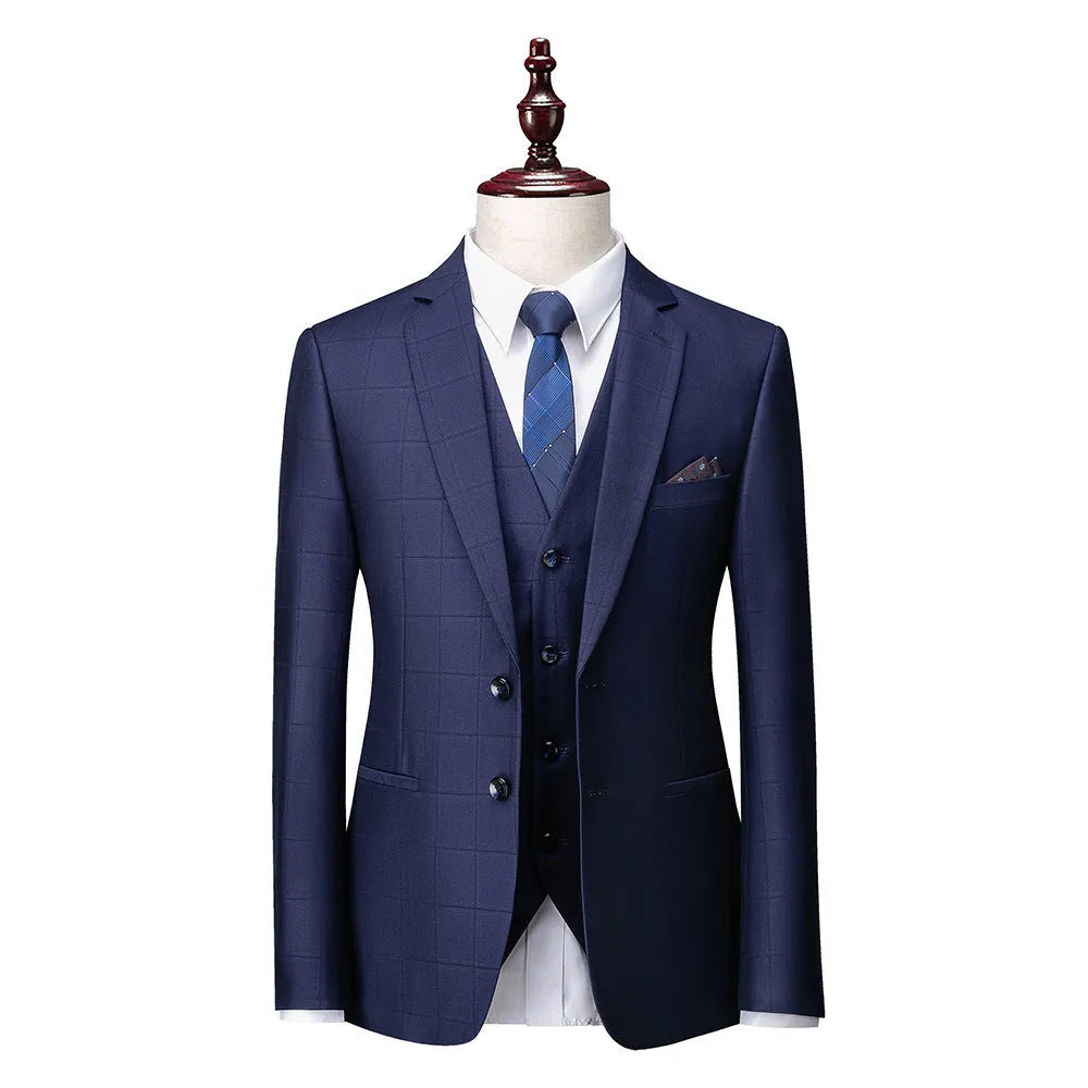 Men's navy blue plaid slim fit three-piece cotton blend suit with jacket, vest and trousers
