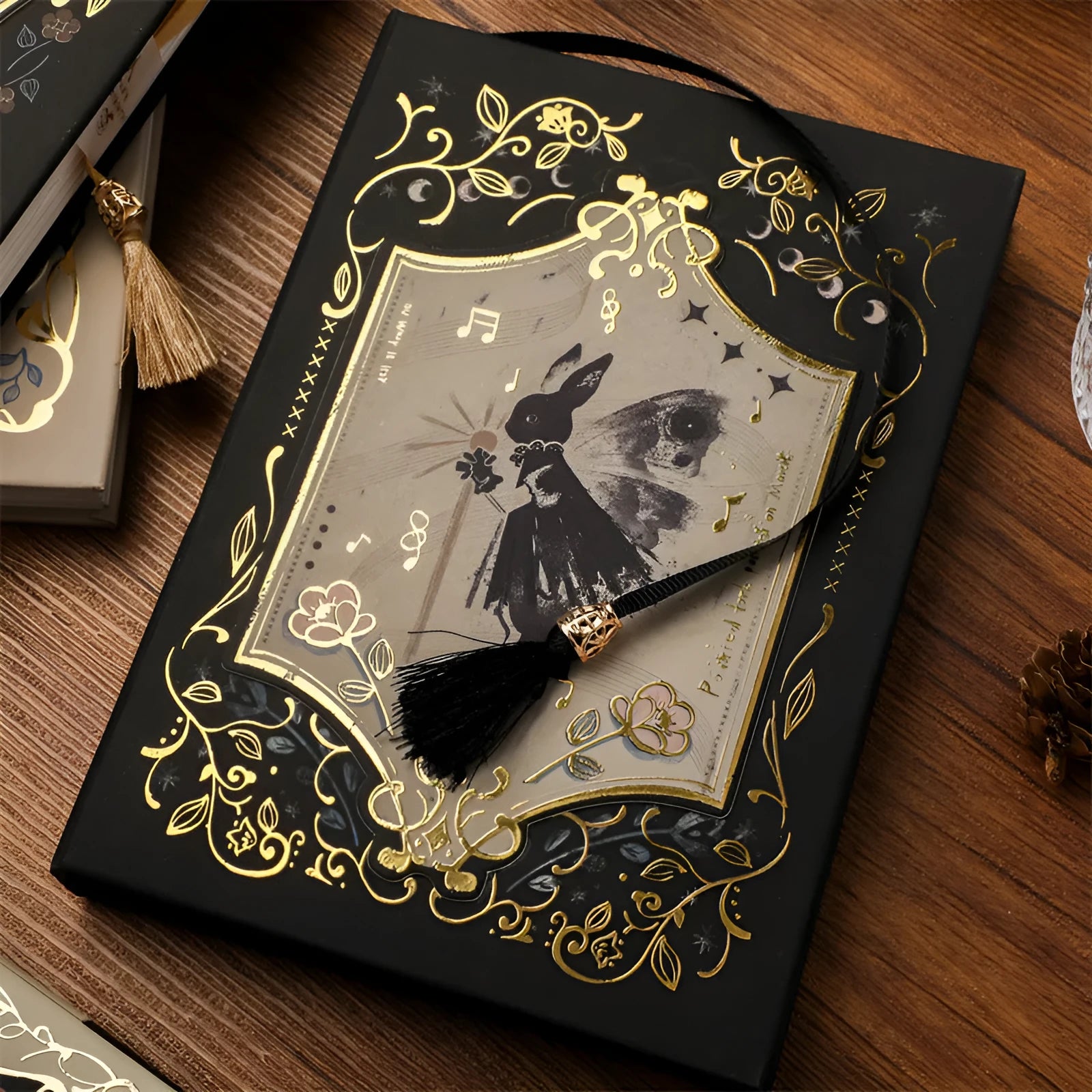 A5 retro Gothic art notebook with thematic cover, shown next to pen for scale