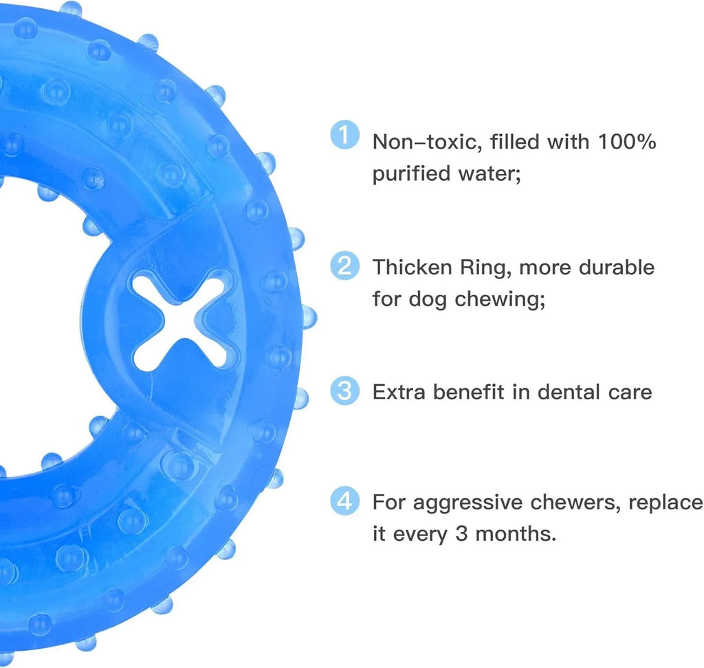 Freezable bone-shaped dog teether chew toy shown next to a circle-shaped version, both with treat-filling holes.