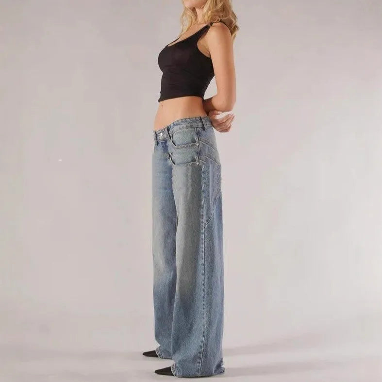 Women's blue loose straight wide-leg cotton mop trousers with low waist on a hanger