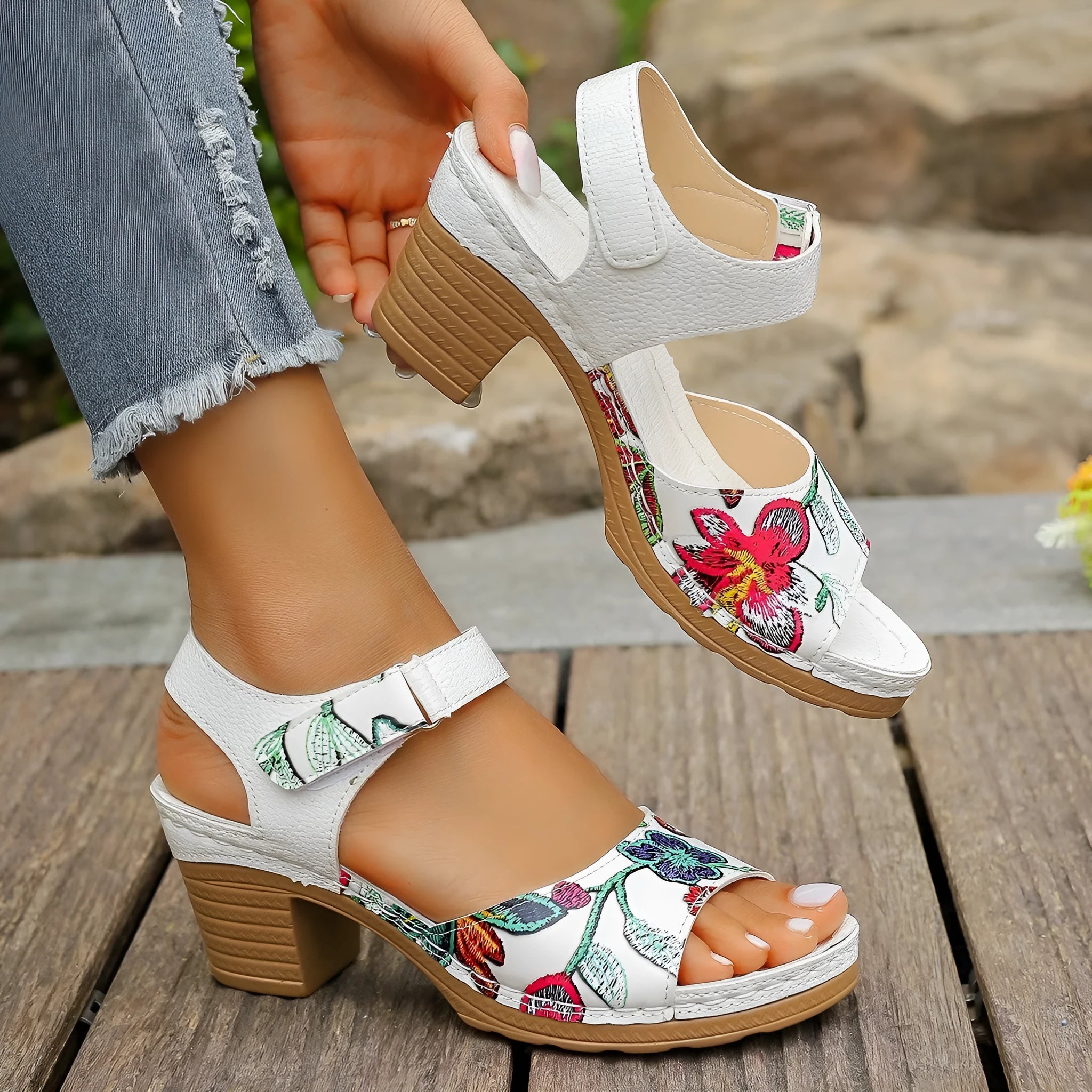 White women's high heel sandals with Velcro buckle closure and rubber sole