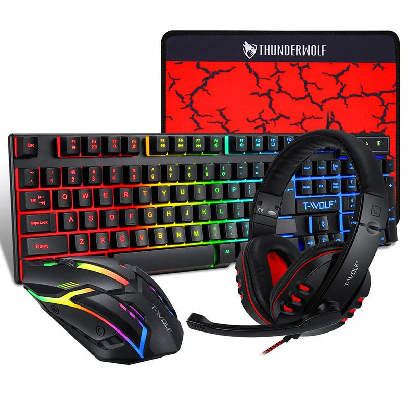Thunder Wolf wired gaming keyboard and mouse bundle with headset and mouse pad on desk