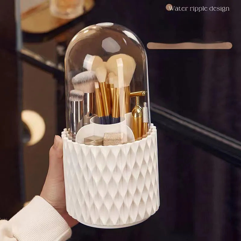 White rotating transparent acrylic makeup brush holder with dustproof lid on desktop