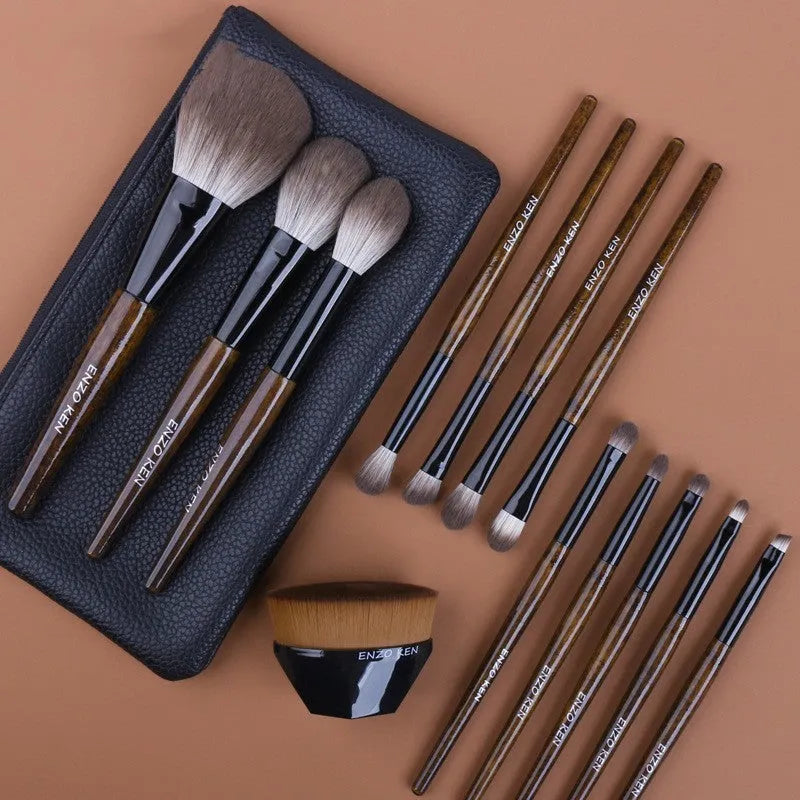 12-piece wooden handle makeup brush set with artificial fibre bristles in a portable PU storage bag
