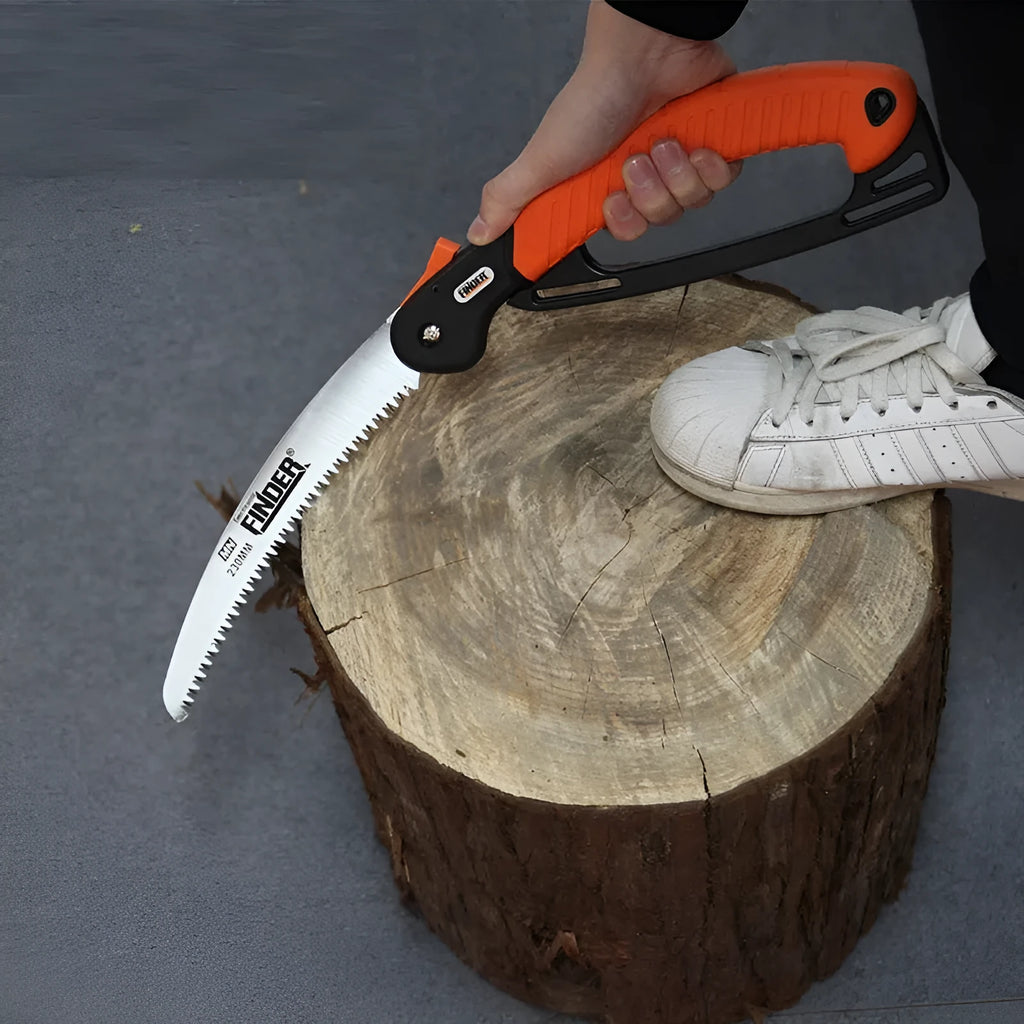 Folding garden saw with 230mm blade shown both open for use and closed for carrying